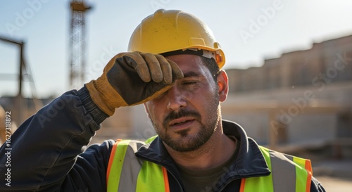 Construction Worker Wiping Sweat on Hot Day