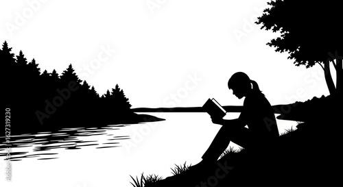 serene lakeside silhouette: woman reading a book by tranquil water, isolated on transparent background
