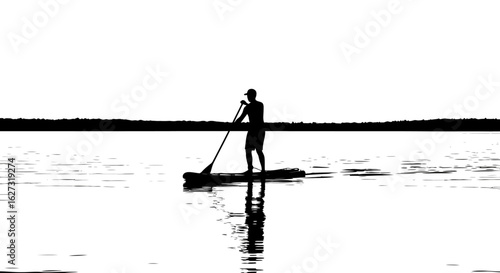 serene silhouette of a paddleboarder on a calm lake at sunset, isolated on a transparent background – perfect for travel or wellness designs
