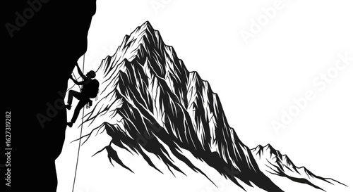 dramatic silhouette of a climber ascending a sheer cliff face with majestic mountain range in the background, isolated on transparent background
