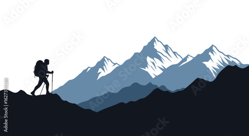 silhouette of a hiker ascending a mountain peak, isolated on transparent background: a panoramic vector illustration of a majestic mountain range