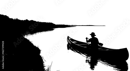 serene silhouette of a solo canoer paddling on a calm river at sunset, isolated on a transparent background – vector illustration