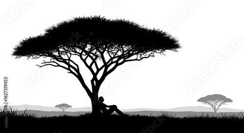 serene silhouette of a woman resting under an acacia tree in the african savanna, isolated on a transparent background