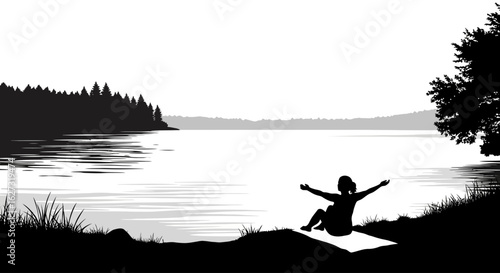 serene lakeside silhouette: woman finding peace by a tranquil lake, isolated on a transparent background