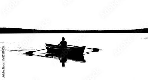 serene silhouette of a solo rower on a calm lake at sunset, isolated on transparent background, perfect for peaceful nature designs