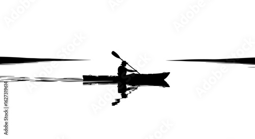 serene silhouette of kayaker paddling at dawn: isolated vector illustration for design projects