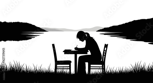 serene lakeside silhouette: woman writing at a table overlooking a tranquil lake and mountain range, isolated on transparent background