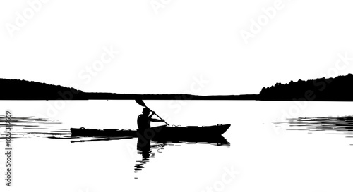 serene silhouette of a kayaker paddling across a calm lake at sunset, isolated on a transparent background: a stunning vector illustration perfect for travel brochures and outdoor recreation designs.