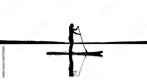 serene silhouette of a woman paddleboarding at sunset, isolated on a transparent background: a minimalist vector illustration for wellness and relaxation designs.