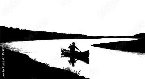 serene silhouette of a canoeist on a tranquil river at sunset, isolated on a transparent background: a vector illustration perfect for travel, adventure, and nature designs