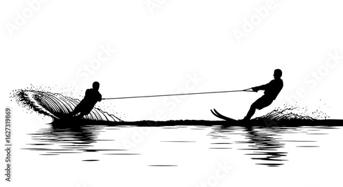 dynamic duo water skiing: a striking black and white silhouette illustration isolated on a transparent background, perfect for sports, recreation, and summer designs