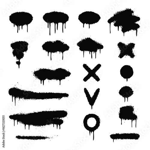 Set of black spray paint drips, splatters, and textured graffiti elements, isolated on transparent background—ideal for street art, urban graphics, and grunge-style designs.