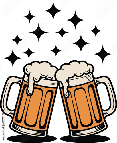 Two beer mugs with frothy foam clinking with sparkling stars vector illustration