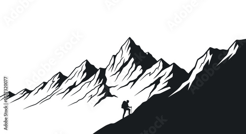 dramatic silhouette of a hiker ascending rugged mountain peaks, isolated on a transparent background; a bold vector illustration for adventure and travel designs.