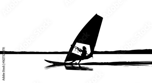 dynamic silhouette of a windsurfer gliding across a calm lake at sunset, isolated on a transparent background – perfect for sports, adventure, and travel designs