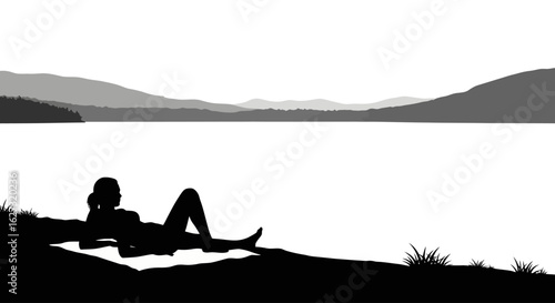 serene lakeside silhouette: a woman relaxing by a tranquil lake with mountain view, isolated on transparent background