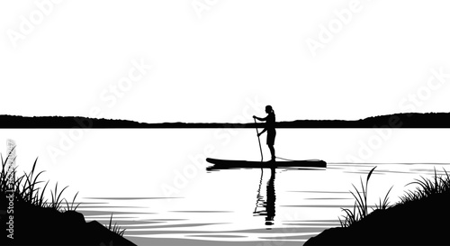 serene silhouette of a stand up paddleboarder on a tranquil lake at sunset, isolated on a transparent background
