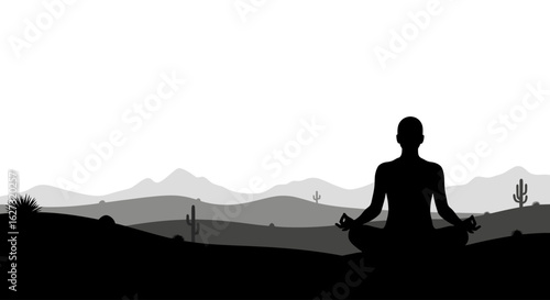 serene silhouette of a person meditating in a desert landscape, isolated on a transparent background: a peaceful yoga pose against a minimalist mountain range and cactus backdrop.