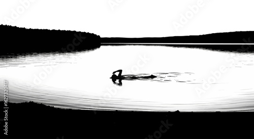 serene lakeside silhouette: a person floating tranquilly on calm waters, isolated on a transparent background, perfect for wellness and relaxation designs