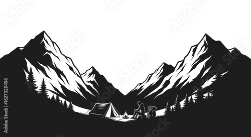 majestic mountain vista: campers resting by a campfire, isolated on transparent background   black and white vector illustration