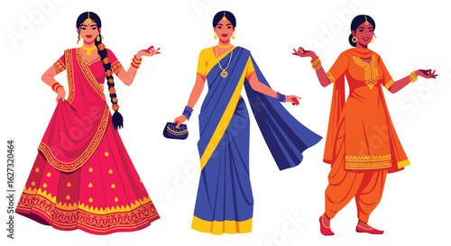 Isolated flat illustration with transparent background of three smiling Indian women in vibrant traditional attire, showcasing the beauty and diversity of Indian culture. Ideal for cultural themes