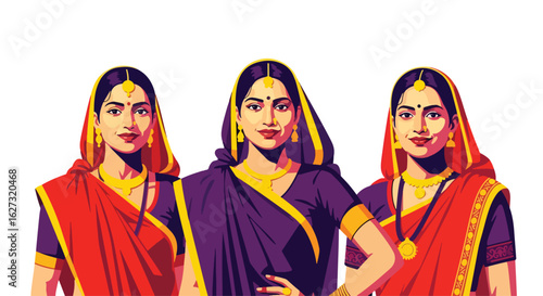 Isolated flat illustration with transparent background of three smiling Indian women in vibrant traditional attire, showcasing the beauty and diversity of Indian culture. Ideal for cultural themes
