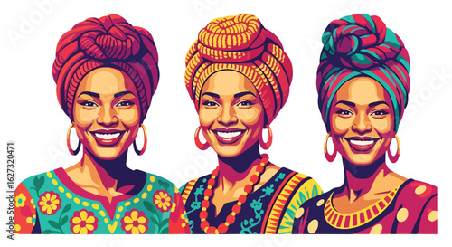 Isolated flat illustration with transparent background of three beautiful African women with smiles, wearing traditional vibrant headwraps and ornate necklaces. Ideal for celebrating African culture