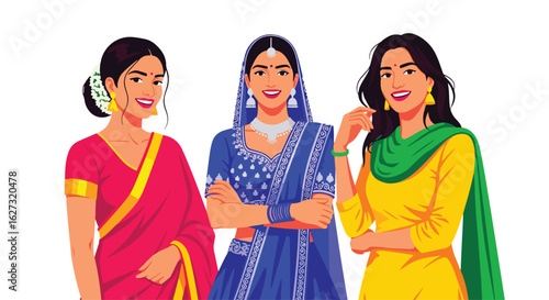 Isolated flat illustration with transparent background of three smiling Indian women in vibrant traditional attire, showcasing the beauty and diversity of Indian culture. Ideal for cultural themes