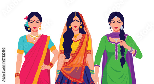Isolated flat illustration with transparent background of three smiling Indian women in vibrant traditional attire, showcasing the beauty and diversity of Indian culture. Ideal for cultural themes