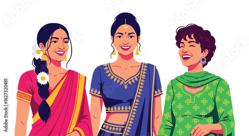 Isolated flat illustration with transparent background of three smiling Indian women in vibrant traditional attire, showcasing the beauty and diversity of Indian culture. Ideal for cultural themes