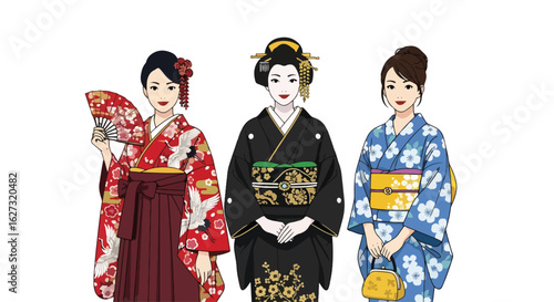 
Isolated flat illustration with a transparent background of three smiling women in traditional Japanese kimonos, celebrating Japanese culture. Ideal for cultural themes, events, and travel