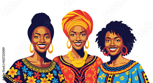 Isolated flat illustration with transparent background of three beautiful African women with smiles, wearing traditional vibrant headwraps and ornate necklaces. Ideal for celebrating African culture