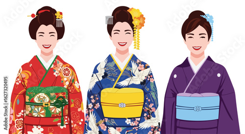 
Isolated flat illustration with a transparent background of three smiling women in traditional Japanese kimonos, celebrating Japanese culture. Ideal for cultural themes, events, and travel