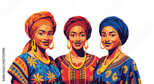 Isolated flat illustration with transparent background of three beautiful African women with smiles, wearing traditional vibrant headwraps and ornate necklaces. Ideal for celebrating African culture