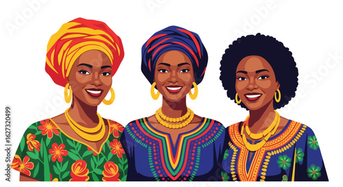 Isolated flat illustration with transparent background of three beautiful African women with smiles, wearing traditional vibrant headwraps and ornate necklaces. Ideal for celebrating African culture