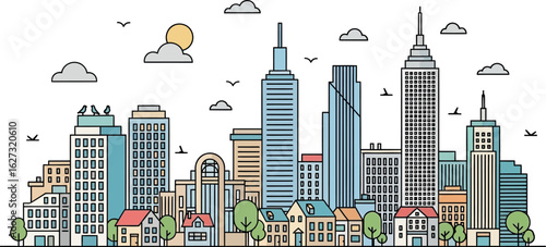 Modern city skyline with tall buildings and houses under a cloudy sky