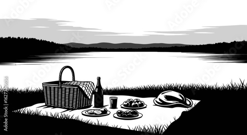 serene lakeside picnic: a black and white vector illustration of a peaceful picnic scene by a tranquil lake at sunset, featuring a wicker picnic basket, food, and drink.