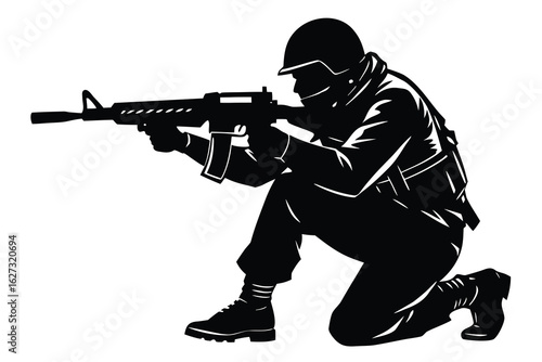 Silhouette of Kneeling Soldier Aiming Rifle, Black and White Military Illustration