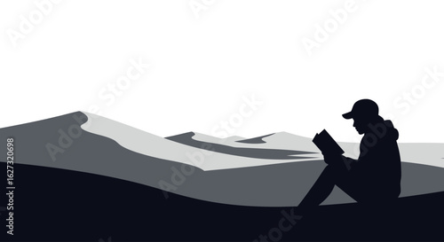 serene silhouette of a person reading a book amidst rolling desert dunes, isolated on transparent background