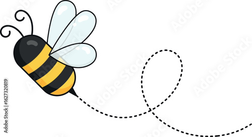 Cute cartoon bee flying with a dotted line path on a white background