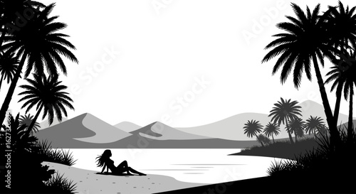 serene silhouette of woman relaxing on tropical beach at sunset, isolated on transparent background – idyllic island escape vector illustration