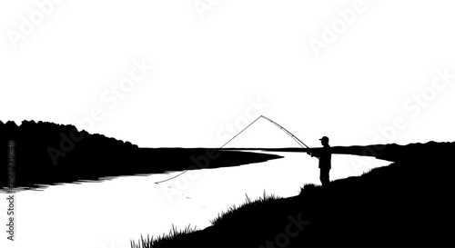 serene silhouette of a fisherman casting a line at sunrise over a tranquil river, isolated on a transparent background   perfect for design projects