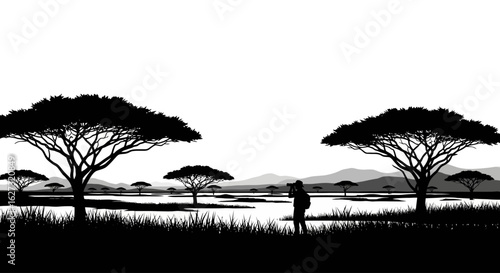 silhouette of a photographer capturing the serene african savanna at sunset: dramatic acacia trees and tranquil waterscape, isolated on transparent background