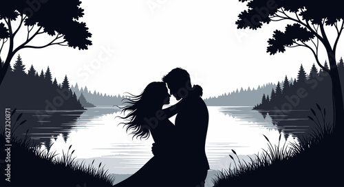 serene lakeside embrace: silhouette of a couple sharing a romantic moment by a tranquil lake, surrounded by lush forest trees, isolated on transparent background.