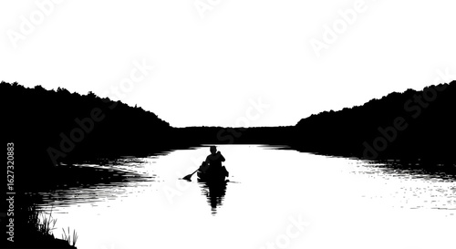 serene silhouette of a solo kayaker on a calm river at sunset, isolated on a transparent background: a stunning vector illustration perfect for travel brochures and outdoor recreation designs.