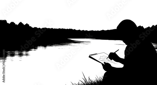 serene lakeside sketching: a silhouette of an artist drawing a peaceful river scene, isolated on transparent background