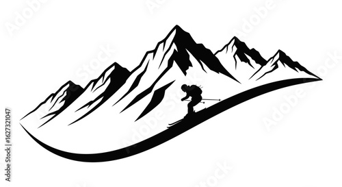 dynamic silhouette of a skier descending a mountain range, isolated on a transparent background: a bold vector graphic for winter sports designs