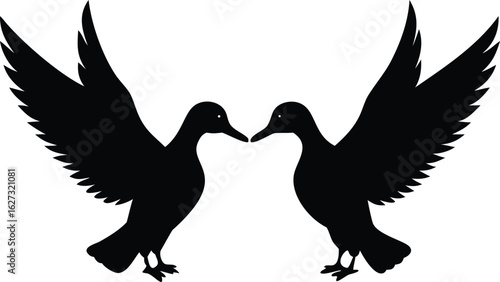 Silhouette of Two Ducks Facing Each Other with Open Wings on White Background