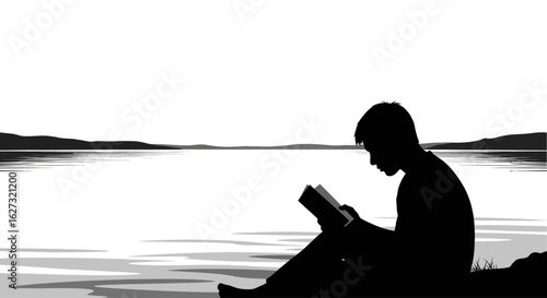 serene lakeside silhouette: a young man lost in a book by the tranquil water, isolated on transparent background