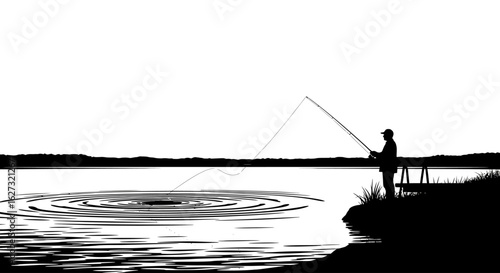 serene lakeside silhouette: a fisherman casting his line at dawn, isolated on a transparent background